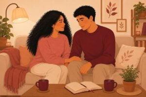 Couple sitting together on sofa looking at each other warmly with open journal and coffee mugs showing mutual support
