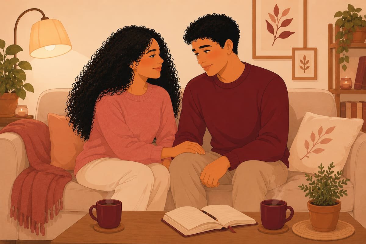Couple sitting together on sofa looking at each other warmly with open journal and coffee mugs showing mutual support