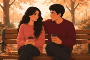 Couple sitting together on a park bench smiling — flat illustration of new relationship advice