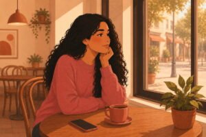 Woman sitting alone at a café, hesitant — illustration of red flags in a new relationship