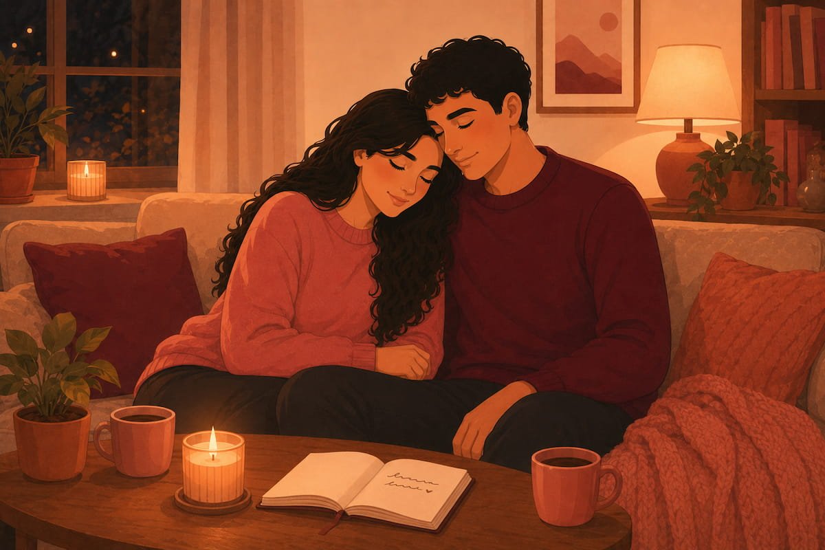 Couple in a quiet intimate moment together — flat illustration for relationship quotes about deep feelings