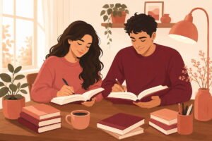 Couple sitting together doing exercises from relationship workbooks for couples — flat illustration in warm cream tones