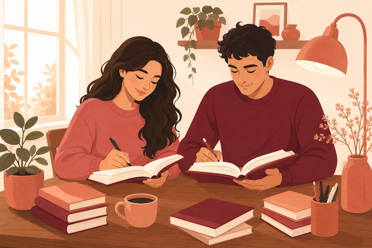 Couple sitting together doing exercises from relationship workbooks for couples — flat illustration in warm cream tones