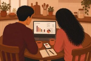 Couple reviewing budget together on laptop and phone — illustration for best budgeting apps for couples