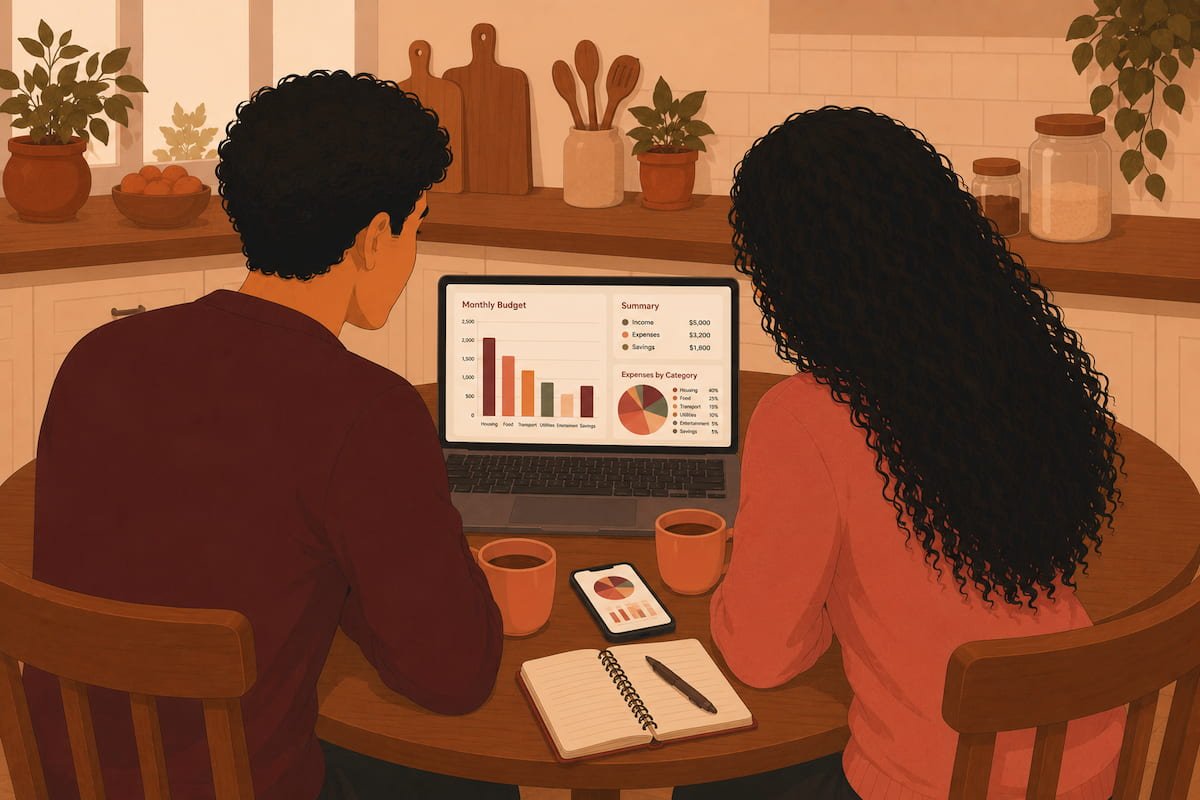 Couple reviewing budget together on laptop and phone — illustration for best budgeting apps for couples