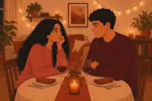 Couple enjoying a candlelit dinner at home — illustration for date night ideas at home