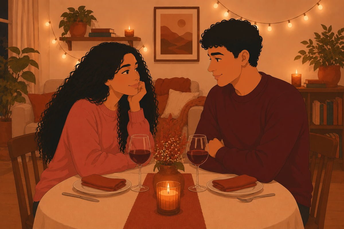 Couple enjoying a candlelit dinner at home — illustration for date night ideas at home