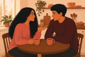 Couple having a weekly healthy relationship check-in over coffee