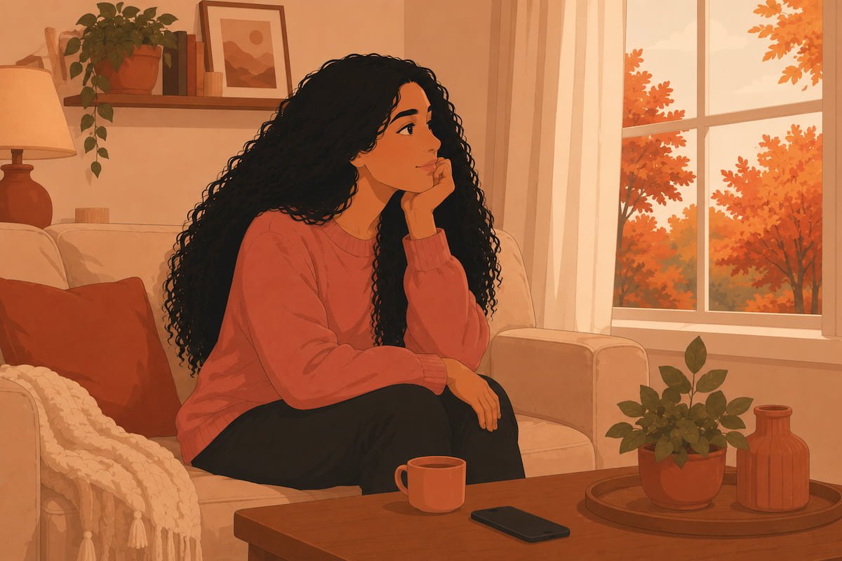 Woman sitting thoughtfully on a sofa with her phone face-down — illustration for how fast is too fast in a new relationship