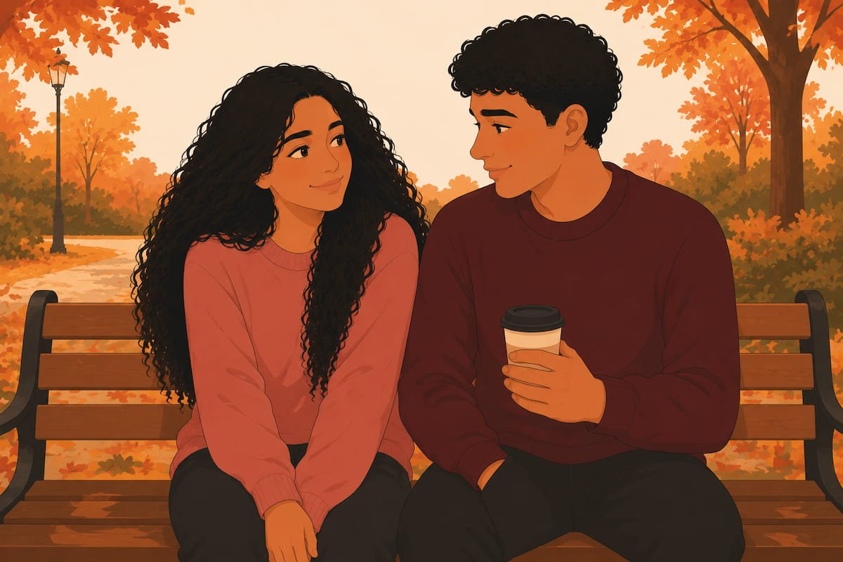 Couple sitting together on a park bench smiling shyly — illustration for new relationship quotes