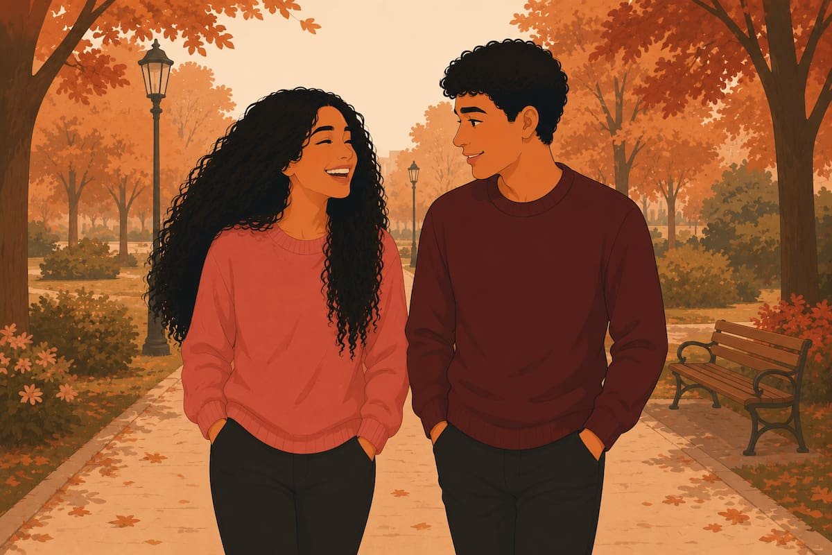 Couple leaning in and talking warmly over coffee — illustration for questions to ask in a new relationship
