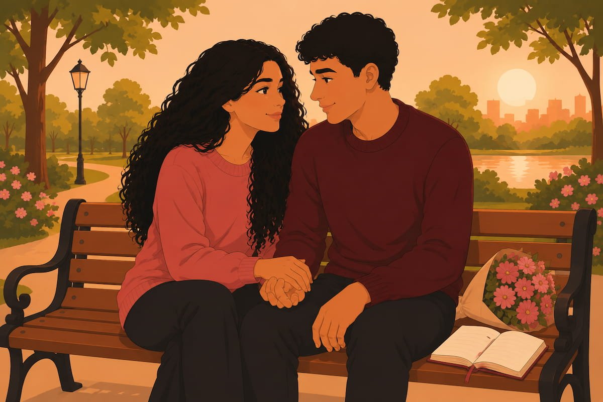 Couple sitting together on a park bench at golden hour — illustration for relationship anniversary quotes