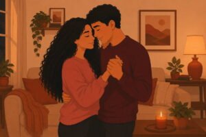 Couple slow dancing together in candlelight — illustration for romantic relationship quotes
