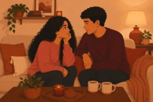 Couple sitting together in quiet intimate conversation at home — illustration for serious relationship quotes