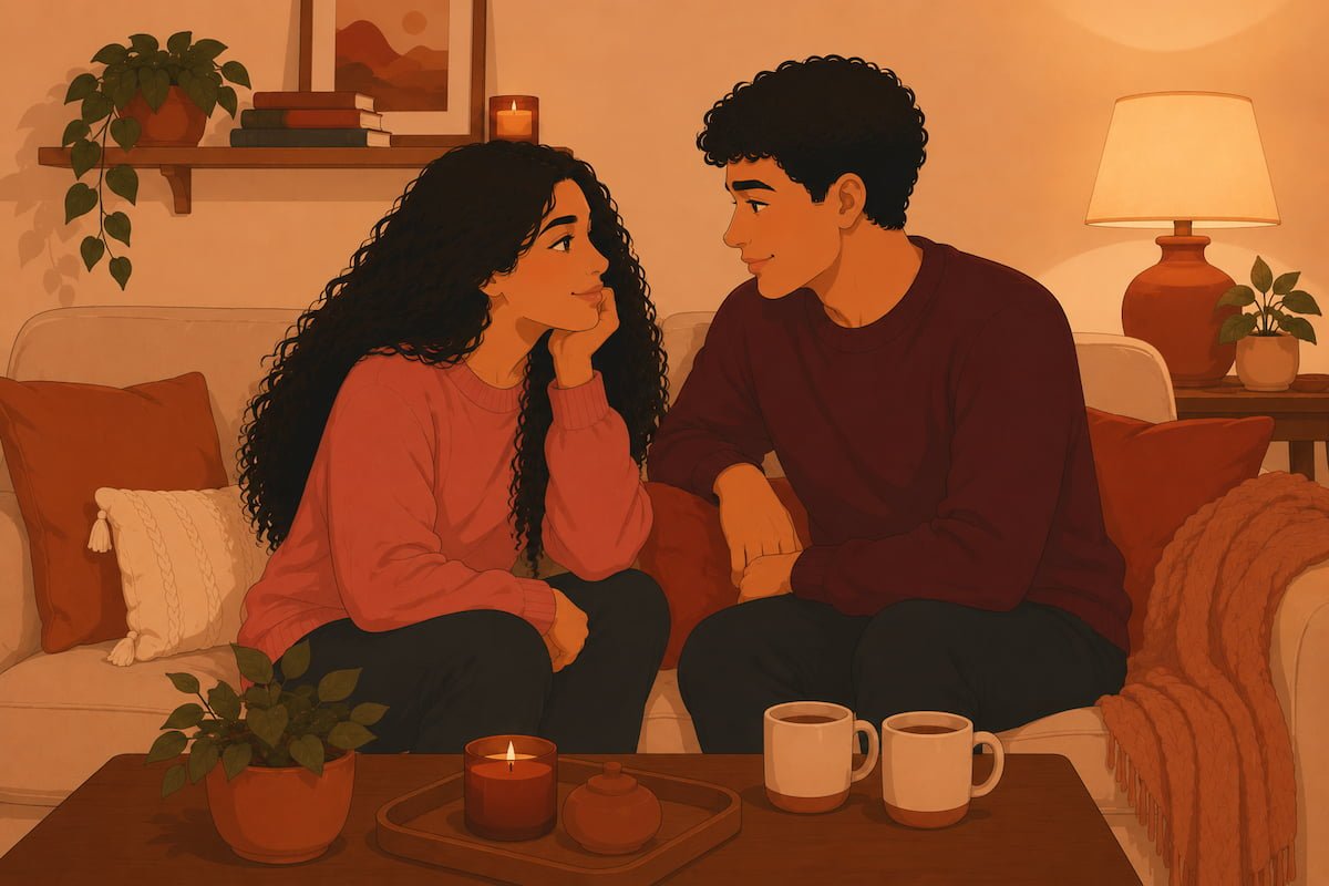 Couple sitting together in quiet intimate conversation at home — illustration for serious relationship quotes