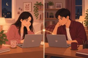 Couple on a video call reading books for long-distance couples together