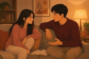 Couple talking calmly on the couch with conflict resolution books for couples